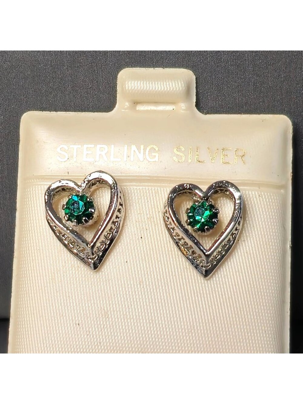 Vintage Sterling Silver Green Crystal Heart Post Earrings 1/2" Romantic